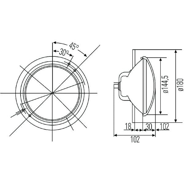 Technical diagram of a Sparex Head Light (Halogen) RH & LH, RH Dip, 12V - S.75956 with side and front views, detailing dimensions and angles. The side view shows a diameter of 144.5 mm and 180 mm, with various measurements in mm and angles in degrees for this panel mount halogen fixture.