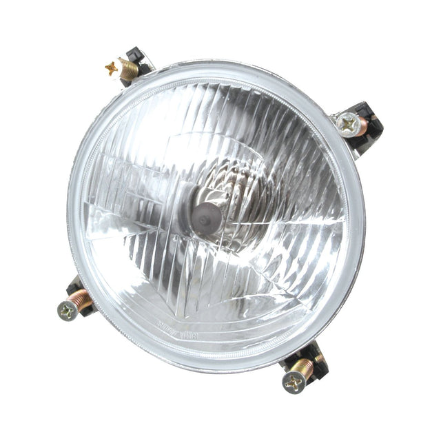 Close-up of a round, clear automotive headlight featuring a reflective surface and mounting screws at the edges, equipped with a powerful Sparex Head Light, (Halogen), RH & LH, RH Dip, 12V - S.66149.