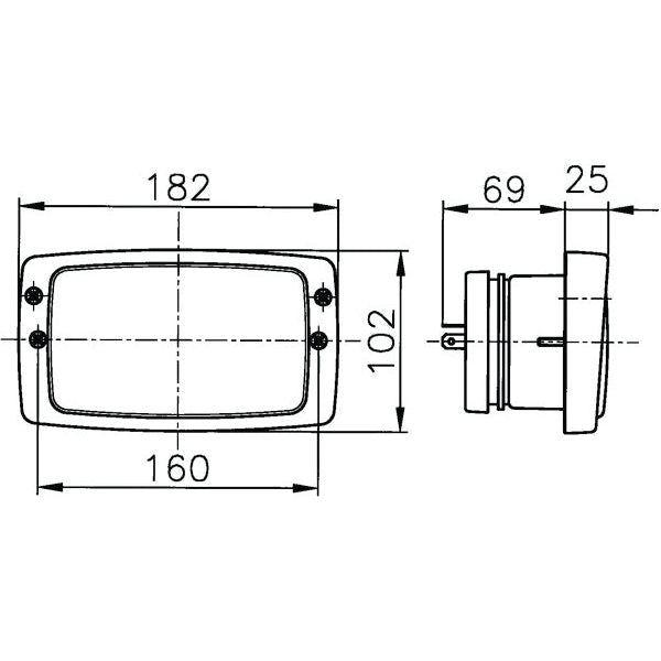 Technical drawing of a rectangular object with dimensions labeled. Front view shows width 182 mm, height 102 mm, and inner width 160 mm. Side view shows depth 25 mm and other dimension 69 mm. Ideal for use with Sparex Head Light (Halogen), RH & LH, RH Dip, 12V - S.75958 components.