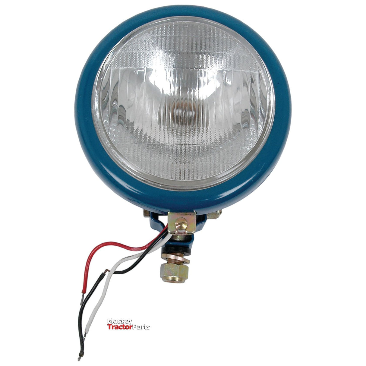 A round tractor headlight with a blue metal housing, clear glass lens, and attached red and black wires labeled "Sparex." The Head Light, (Halogen), RH & LH, Straight, 12V - S.66733 offers reliable performance for 12V systems.