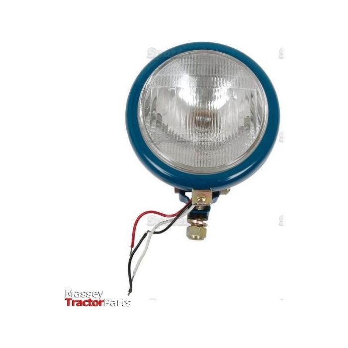 A 12V halogen headlight, model S.66733 by Sparex, featuring a round design with a blue frame and clear lens. It has a durable metal housing and black, white, and red wires protruding from the back. The image includes "Massey Tractor Parts" text in the bottom corner.