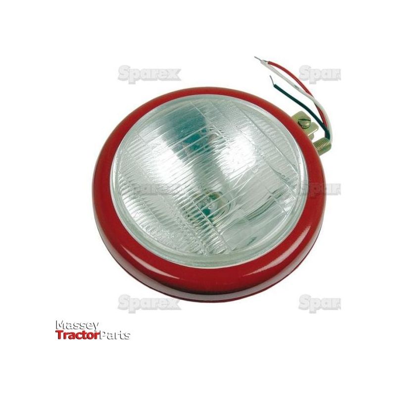 A 12V round tractor headlight with a clear lens, red rim, and exposed wiring, branded as "Sparex" with the part number S.73529.