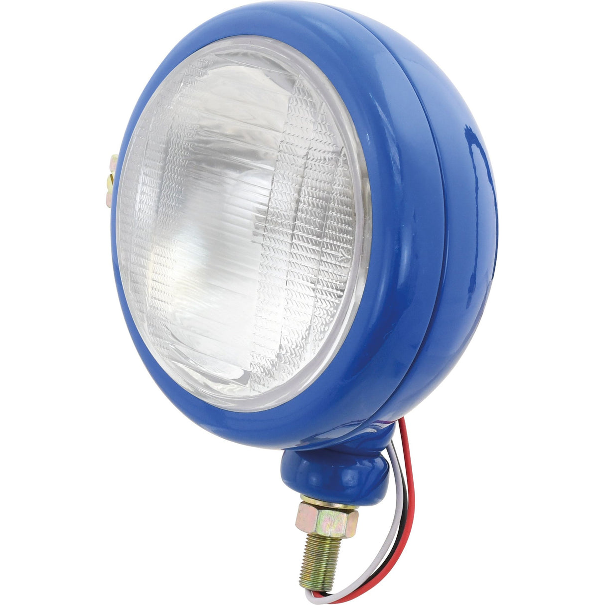 The Sparex S.66731 headlight, featuring a round blue design with a clear lens, connects via black and red wires and mounts to a metal bolt. This right-hand straight 12V halogen light ensures bright illumination for enhanced visibility.