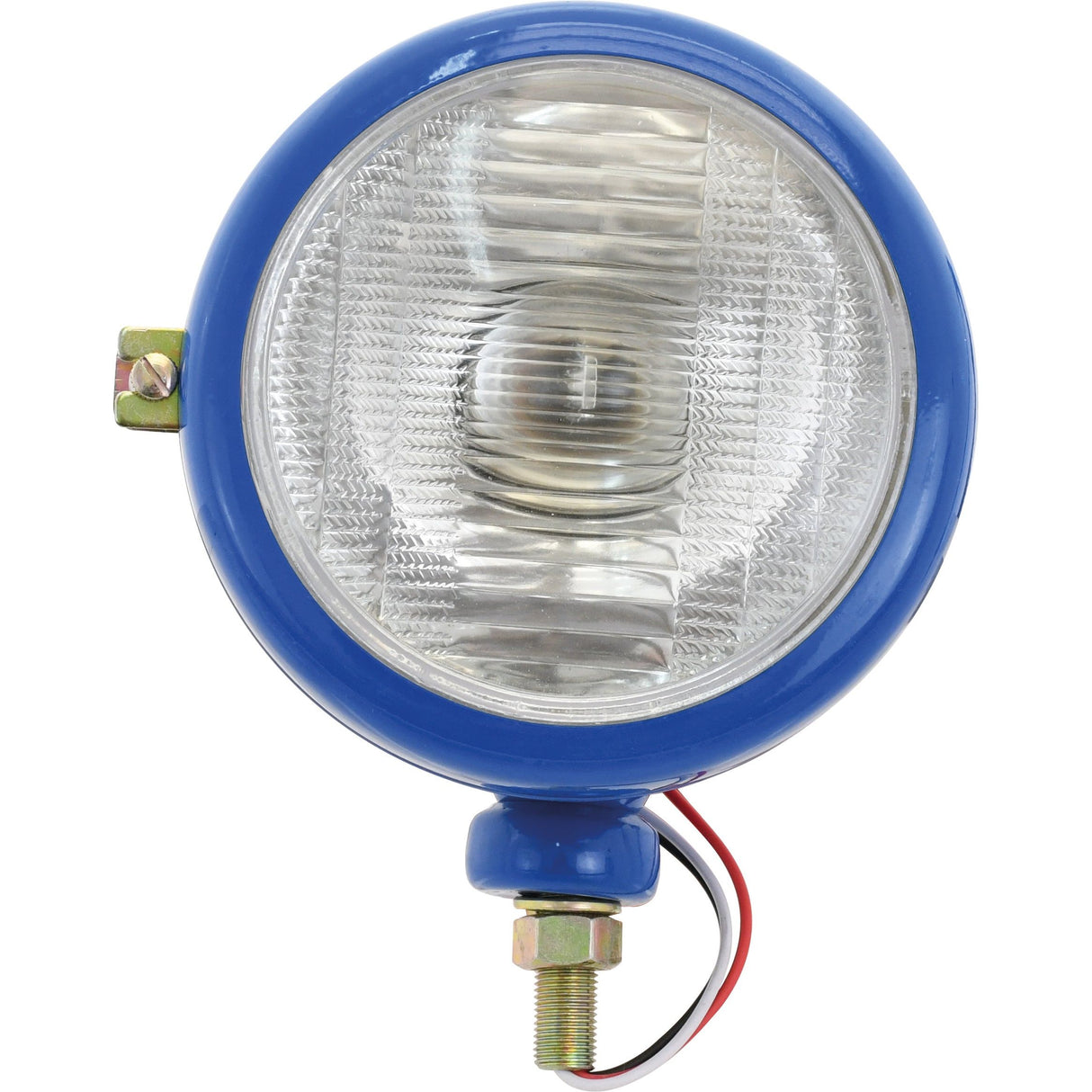 The Sparex-compatible Right Hand (RH) Head Light S.66731 is a round, blue 12V halogen headlamp with a clear lens and a metal mounting bolt at the bottom. It comes equipped with red and black wires extending from the back, making it perfect for your vehicle's lighting needs.