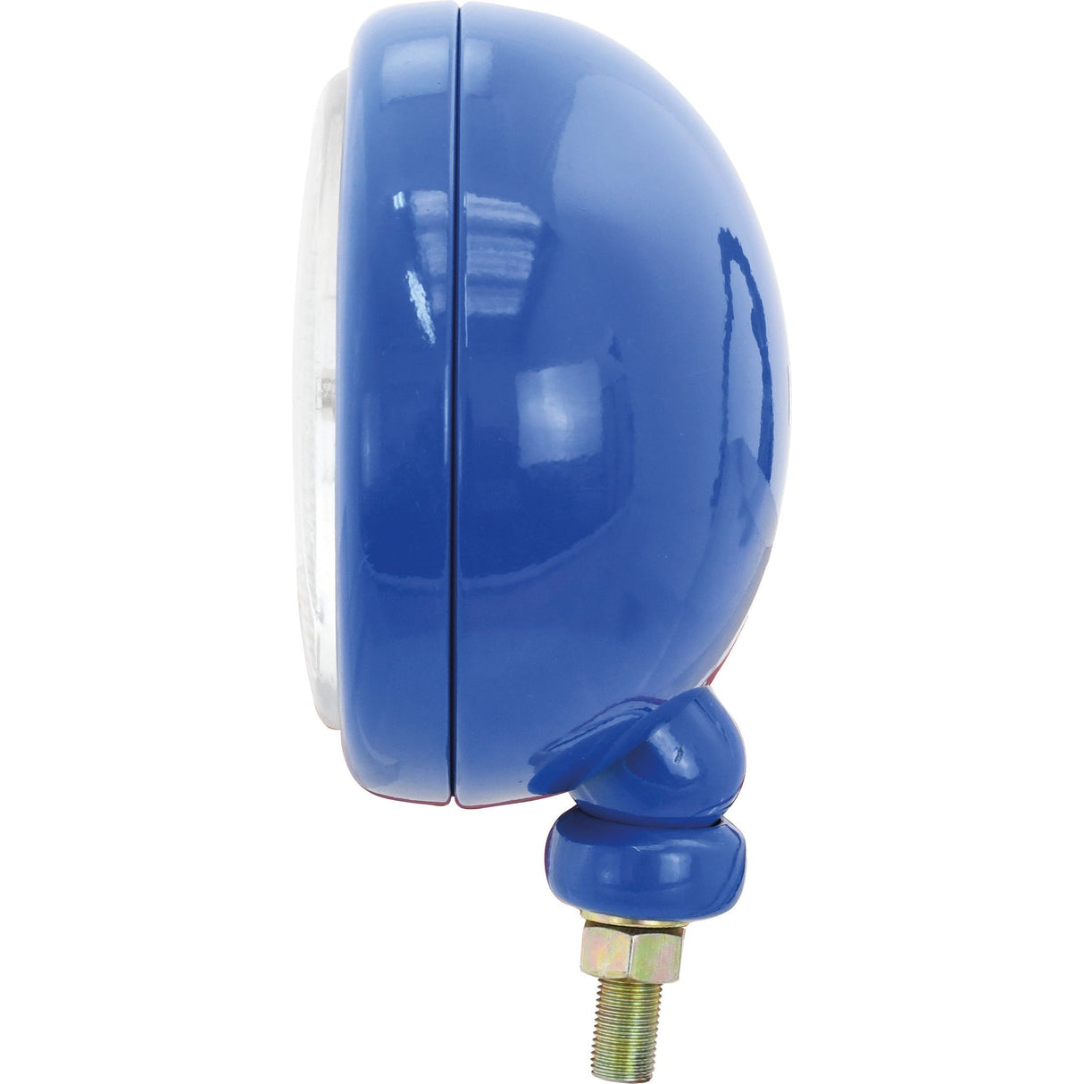 Side view of the blue round metal Head Light (Halogen), RH, Straight, 12V - S.66731 by Sparex, featuring a mounting bolt at the bottom and compatibility with 12V Halogen Light bulbs.