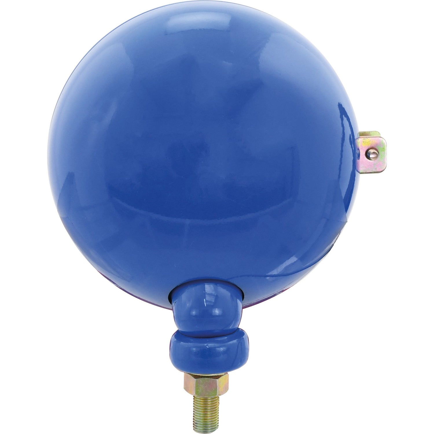 Close-up of a shiny, blue, spherical Sparex pressure tank with a brass connector at the bottom, illuminated by a bright Sparex Head Light (Halogen), RH, Straight, 12V - S.66731.