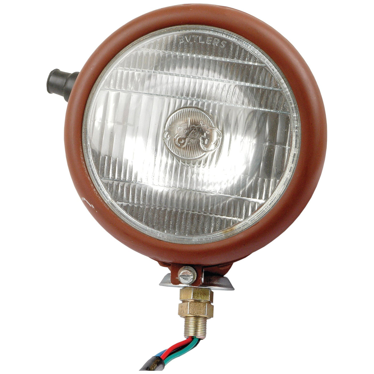 Introducing the Sparex Head Light (Halogen), RH & LH, Straight, 12V - S.43796: a round, vintage automotive headlight featuring a durable metal housing with a brown frame and glass cover. The wires attached to the bottom ensure reliable electrical connection via an insulated terminal. The top is inscribed with "EVTLERS" for added authenticity.