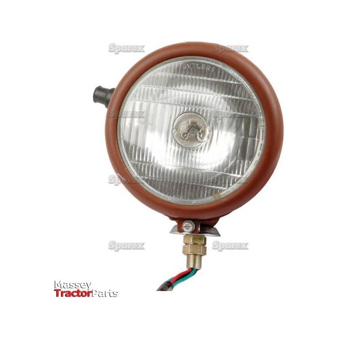 The Sparex Head Light (Halogen) S.43796, for both RH and LH, featuring a round metal housing, clear glass lens, and attached wiring with insulated terminals, is displayed against a white background.
