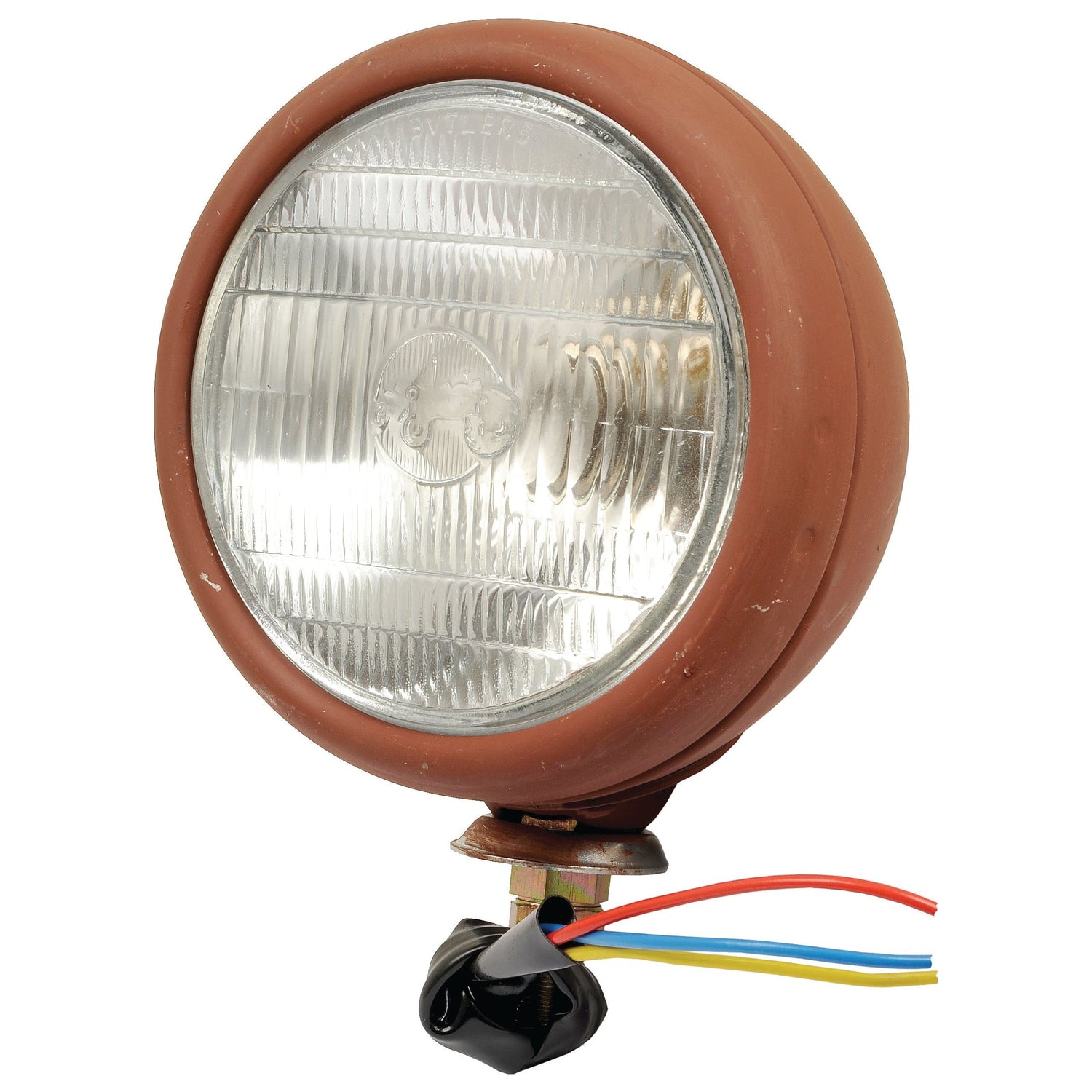 The Sparex Head Light ( Halogen ), RH & LH, 12V - S.43940 features a round, vintage design with a brown casing, complete with a glass lens and three exposed colored wires: blue, red, and yellow extending from the base.