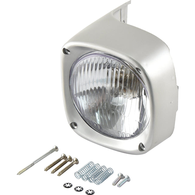 A square headlight with a metal frame, clear lens, and mounting hardware including screws, springs, and nuts is displayed on a white background. This durable Head Light and Cowl Kit (Halogen), RH, RH Dip, 12V - S.42048 by Sparex also features an IP65 rating for excellent water and dust resistance.
