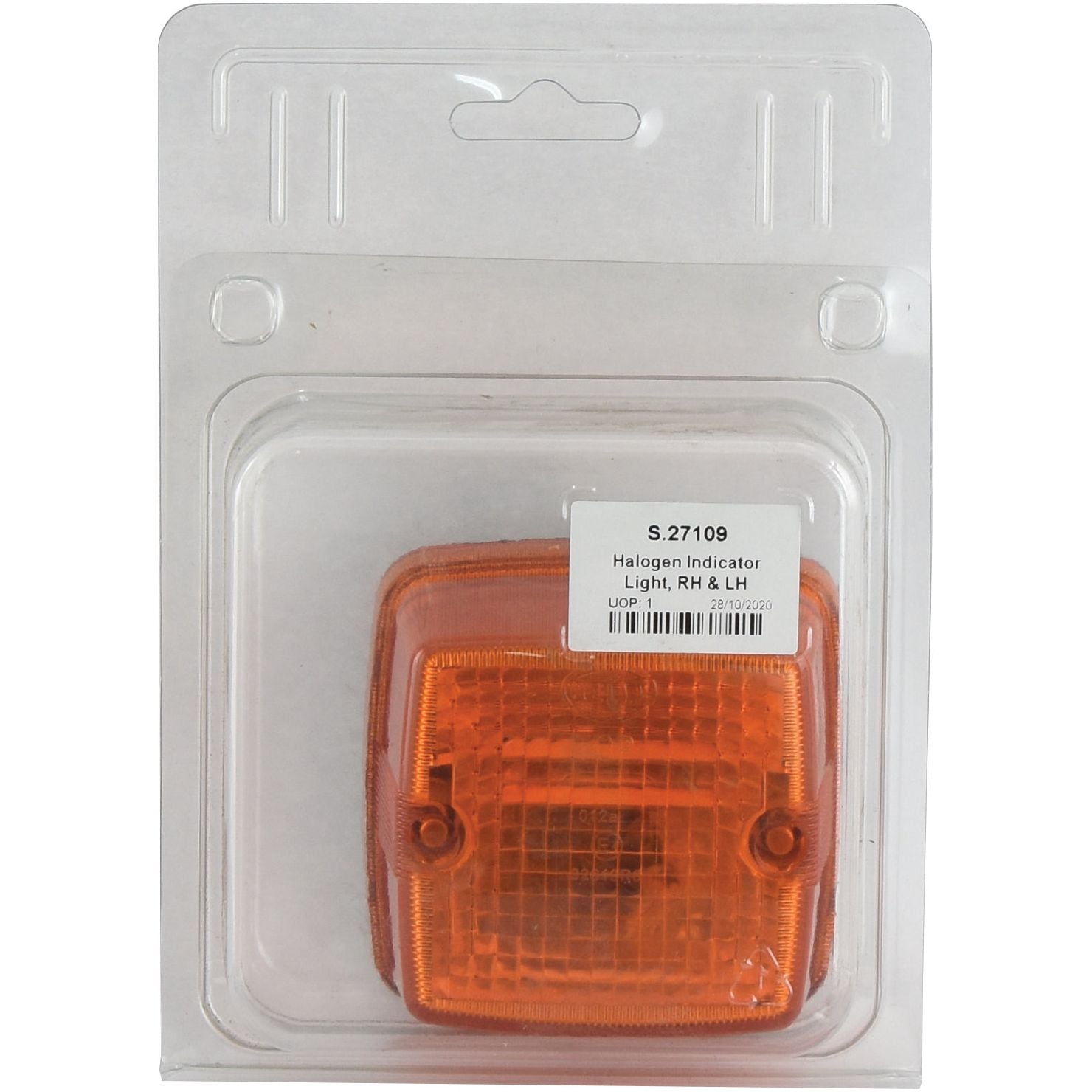 A packaged orange halogen indicator light from Sparex, labeled "Halogen Indicator Light, RH & LH - S.27109," enclosed in a transparent polycarbonate lens container with a white Sparex sticker.