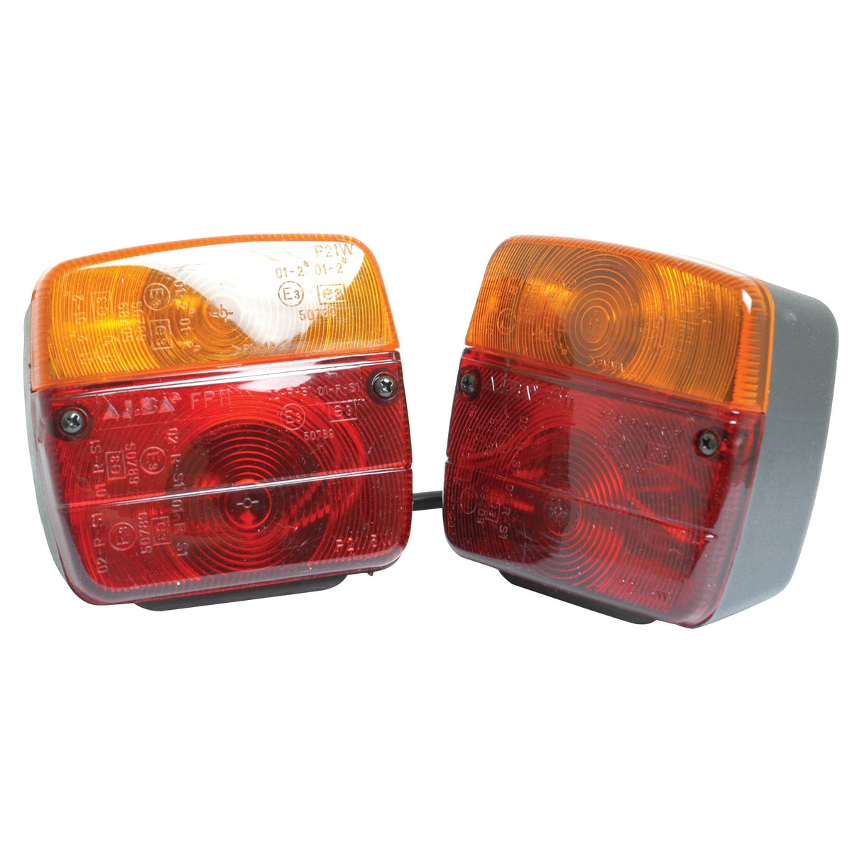 The Sparex Lighting Set (Halogen), S.35547, includes two rectangular vehicle tail lights with red and amber sections, designed with circular patterns and connected by a black wire. These 12V halogen bulbs provide functions for brake, tail, indicator, and number plate lighting and are encased in reinforced polycarbonate for enhanced durability.