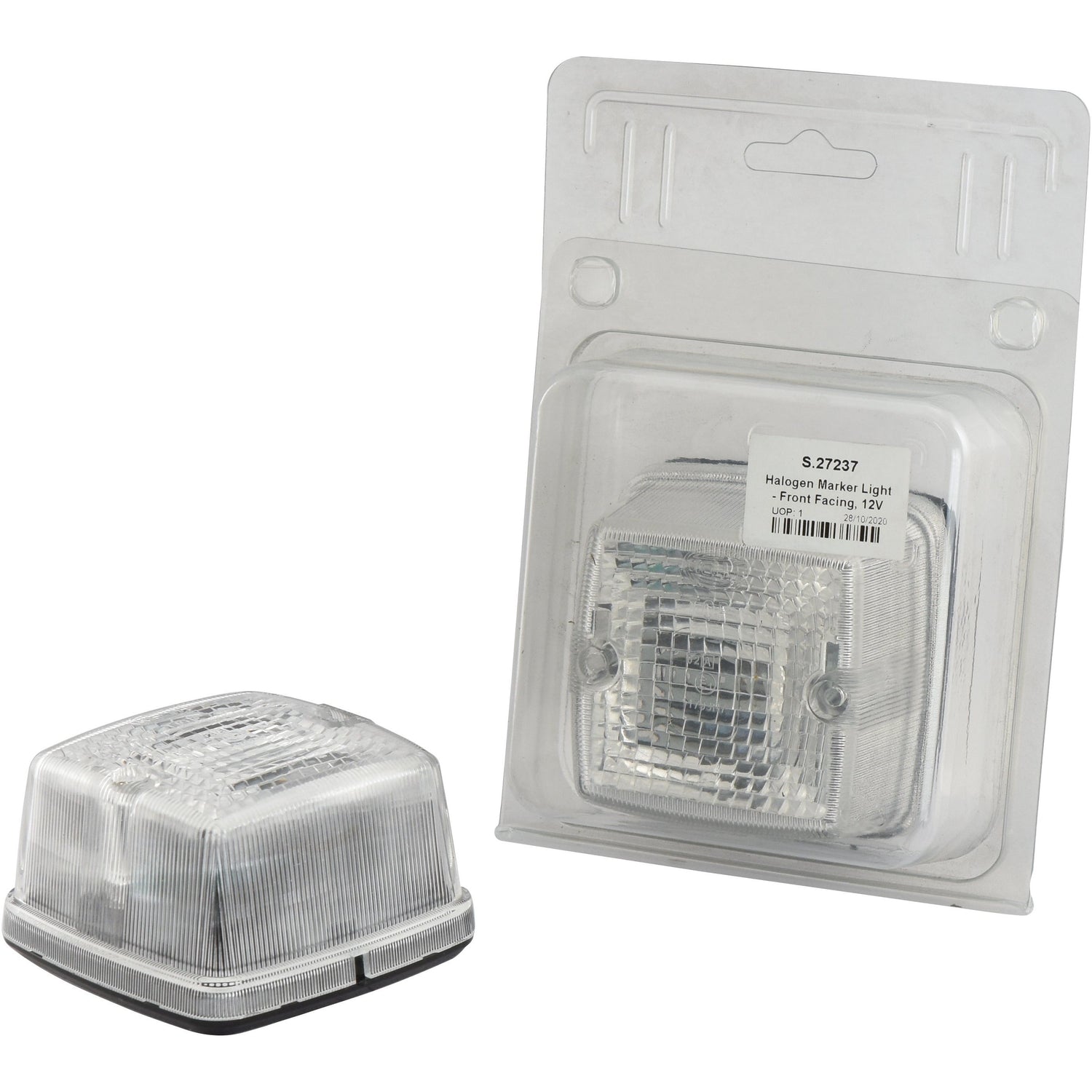 A Sparex Marker Light - Front Facing (Halogen), RH & LH, 12/24V - S.27237 set features one light with a clear lens out of its packaging and another inside a clear plastic package with a white label on the front.