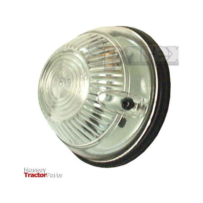 A round, clear halogen headlight for tractors with a ribbed lens and a black rubber gasket around its edge. The text "Massey Tractor Parts" is partially visible in red and gray in the bottom left corner. This E Approved product, named Marker Light - Front Facing (Halogen), RH & LH, 12V - S.35791 from Sparex, features durable marker housing material for long-lasting performance.