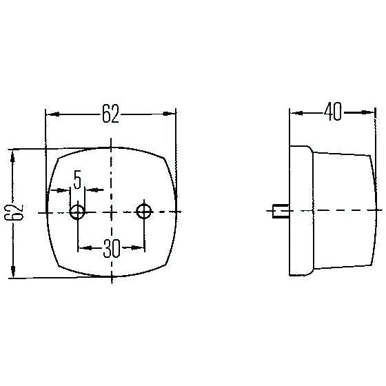 Technical diagram illustrating front and side views of the Sparex Marker Light - Front Facing (Halogen), RH & LH, 12/24V - S.56024, a square polycarbonate object with rounded edges. Specific measurements are as follows: 62mm height and width, 40mm depth, with 5mm diameter holes spaced 30mm apart.