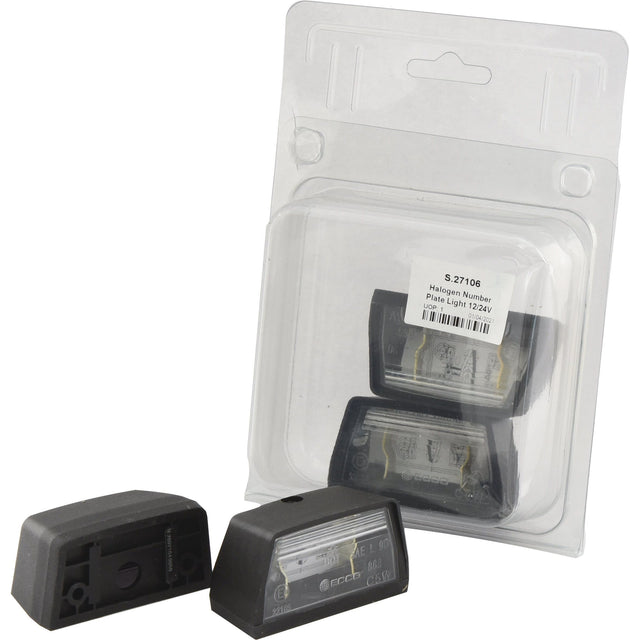 Two Sparex Halogen Number Plate Lights 12/24V (product code S.27106) are packaged in clear plastic with a white label displaying specifications. One rectangular E Approved black light is visible outside the packaging, while the other stays inside.