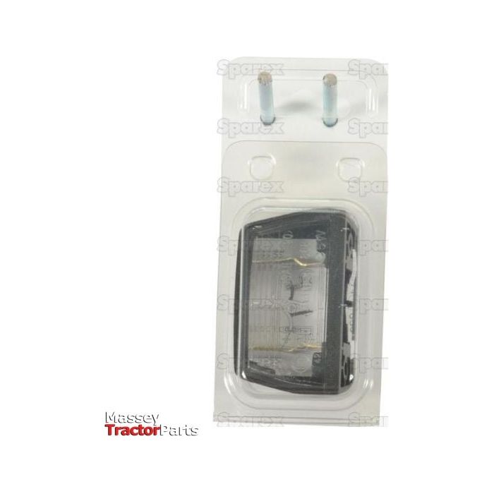 Packaged tractor part labeled "Sparex Halogen Number Plate Light 12/24V - S.27106." The part appears to be an E Approved rectangular light fixture, encased in clear plastic with two metal connectors at the top.