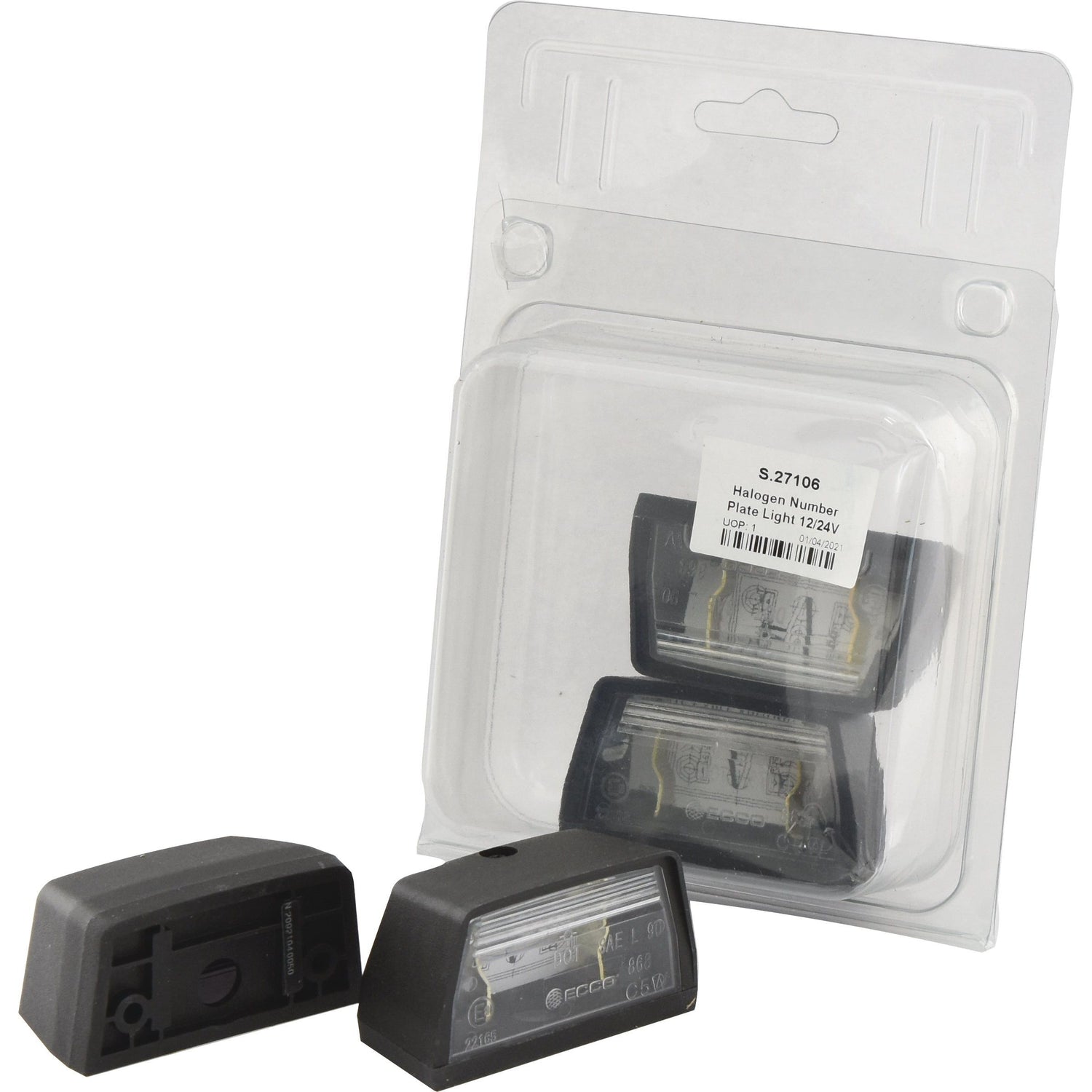 A packaged set of rectangular Sparex Halogen Number Plate Lights, with two individual lights outside the package and visible text indicating "12/24V" and product code "S.27106".