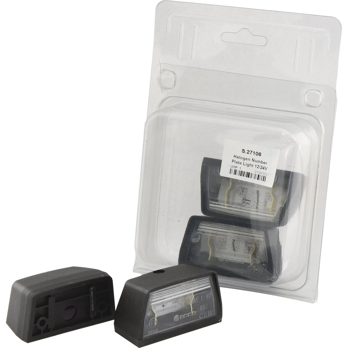 A packaged set of rectangular Sparex Halogen Number Plate Lights, with two individual lights outside the package and visible text indicating "12/24V" and product code "S.27106".