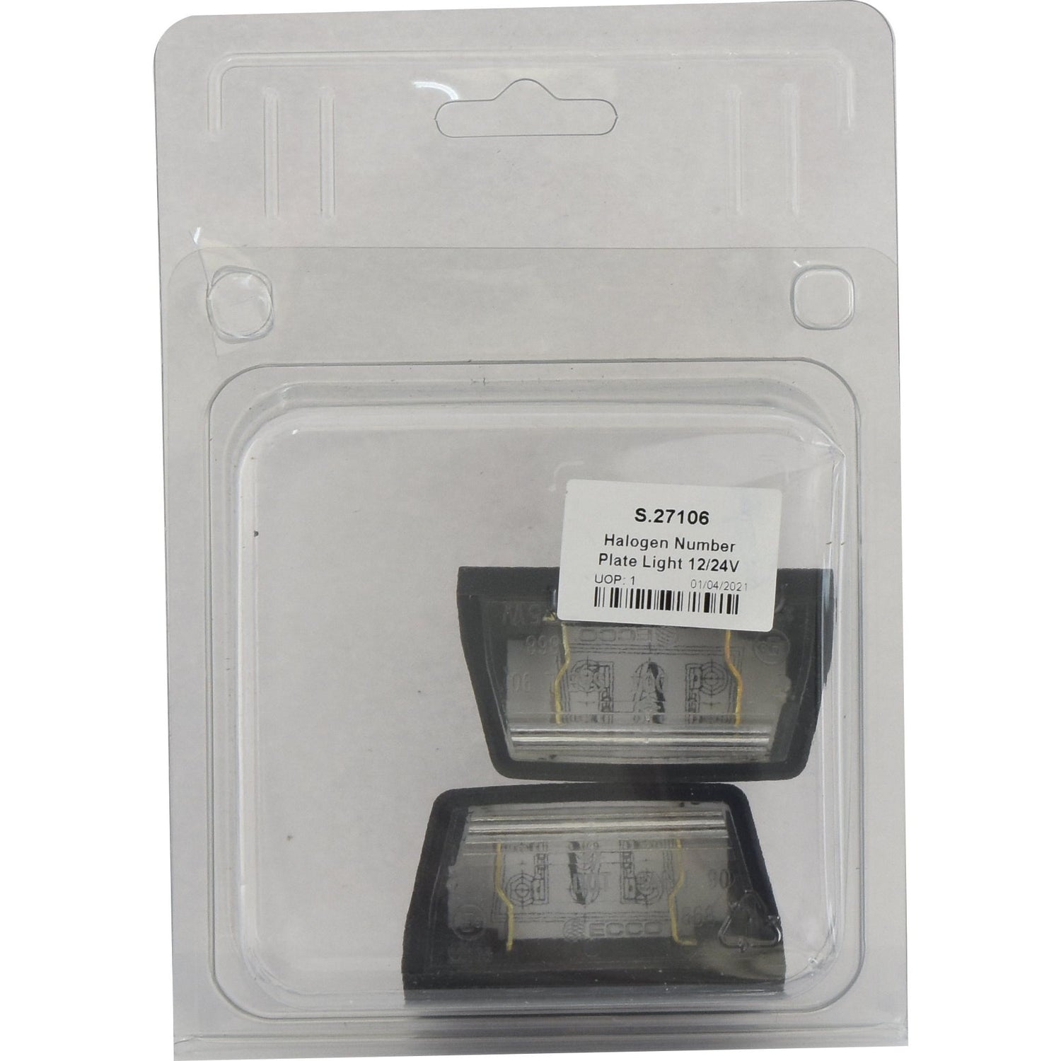 Clear plastic packaging containing two E Approved Sparex halogen number plate lights labeled "S.27106" and "Halogen Number Plate Light 12/24V". The rectangular design ensures a precise fit for most vehicles.