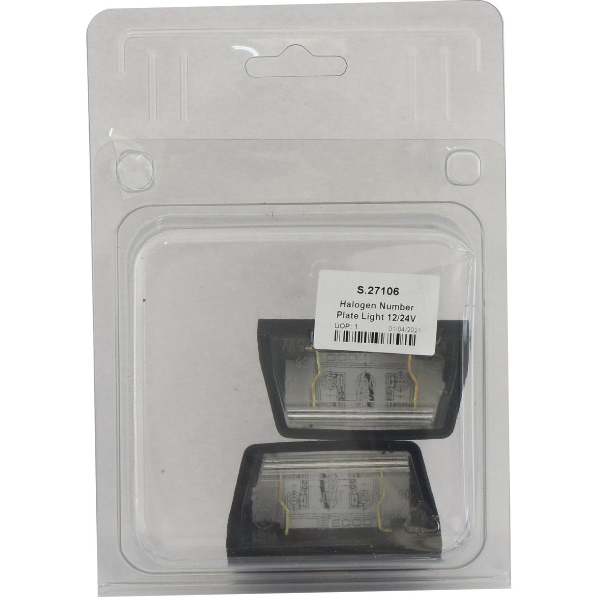 Clear plastic packaging containing two E Approved Sparex halogen number plate lights labeled "S.27106" and "Halogen Number Plate Light 12/24V". The rectangular design ensures a precise fit for most vehicles.