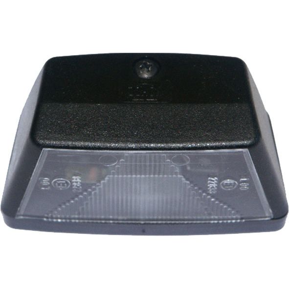 The Halogen Number Plate Light - S.26128 by Sparex is a black, rectangular plastic object that resembles a number plate, featuring a transparent section at the bottom and a screw hole at the top-center.