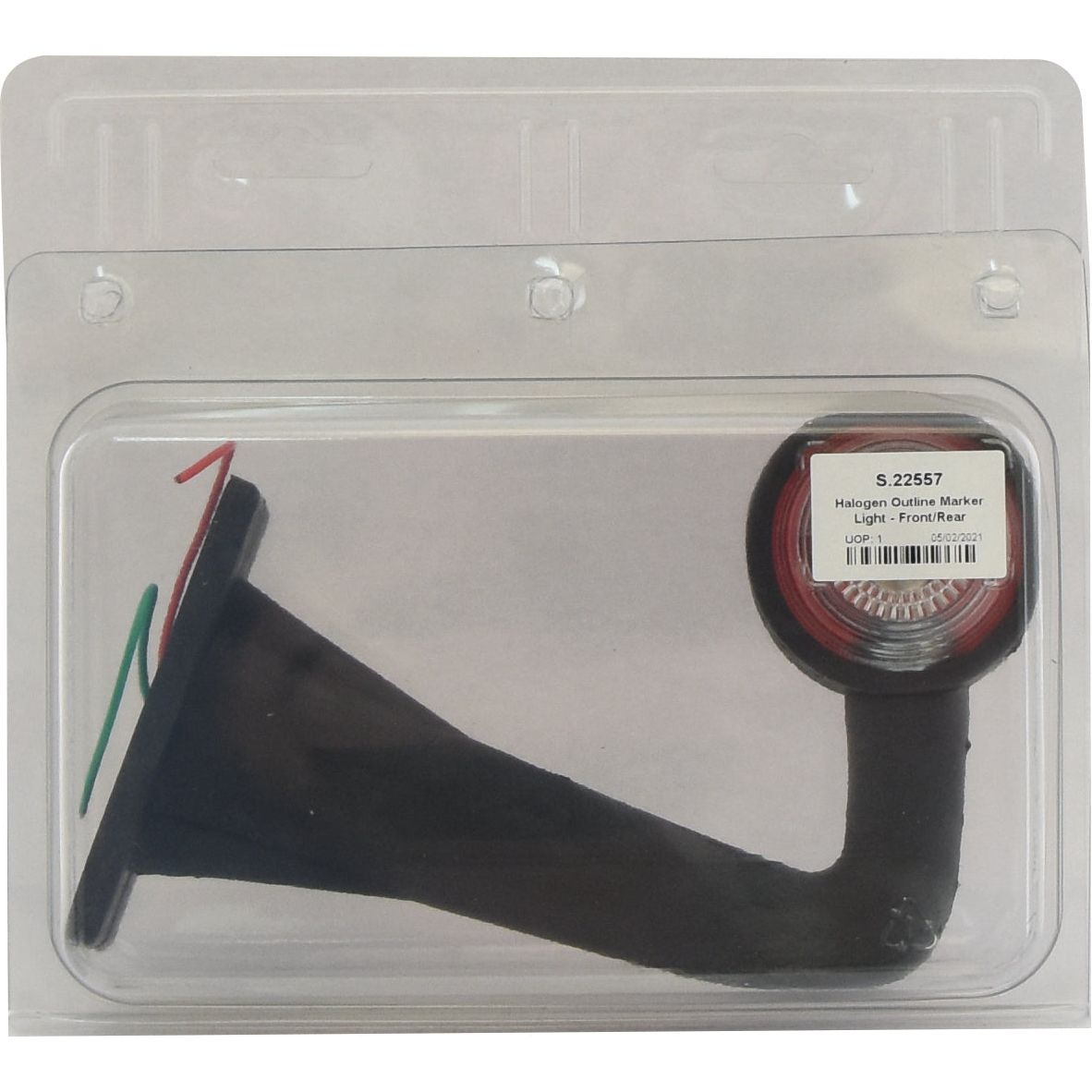 A transparent rectangular plastic packaging contains a Sparex Outline Marker Light - Front/Rear (Halogen), RH & LH, 12V - S.22557 with attached wires. The durable polycarbonate lens allows for clear visibility of the E Approved product inside.