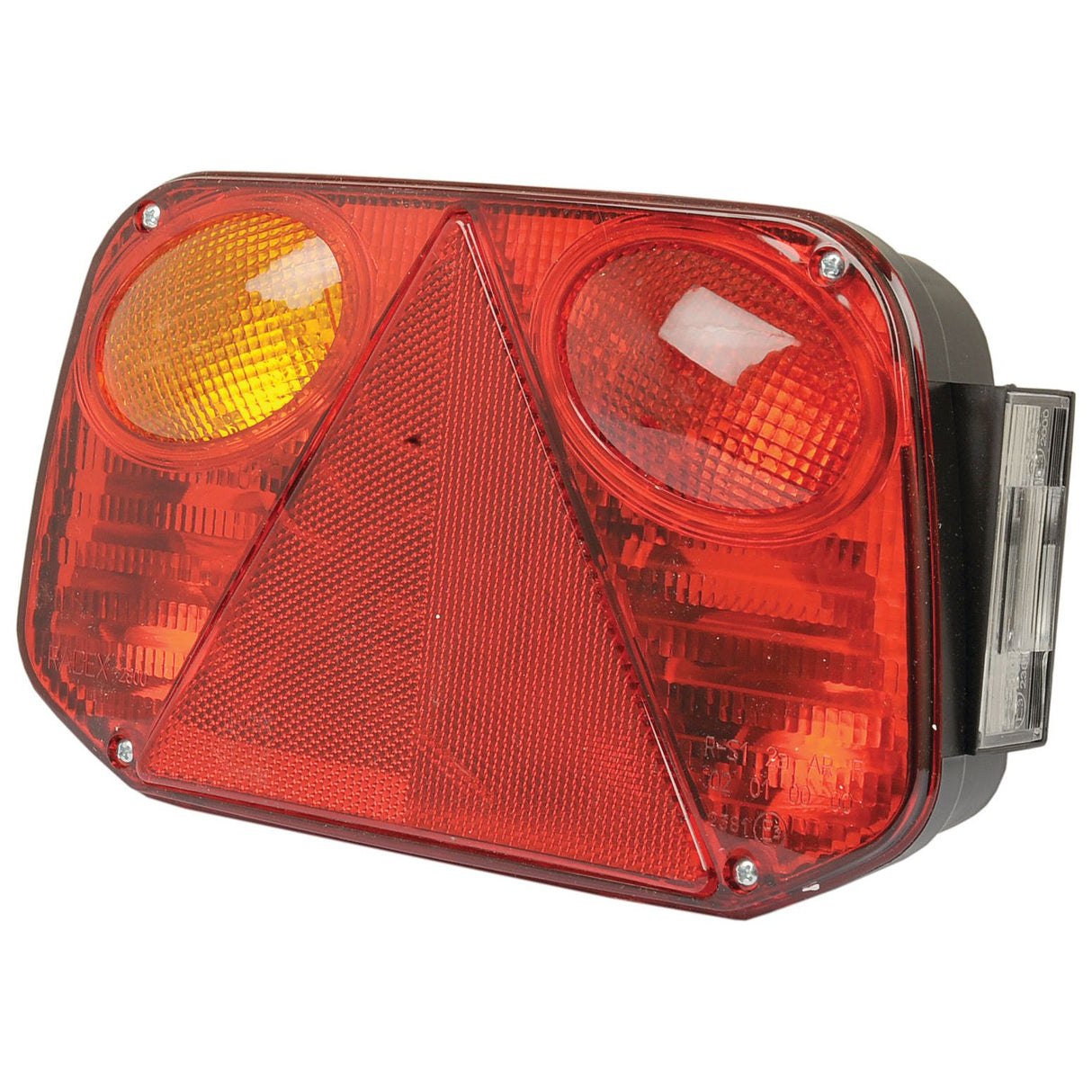 The Halogen Rear Combination Light 12V, LH - S.26635 by Sparex features red and amber lenses, two circular lights, a large triangular reflector in the center, and a smaller rectangular halogen light on the side.