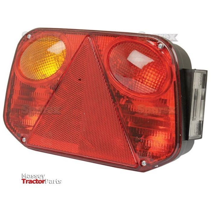 Close-up of a Massey tractor tail light featuring the Sparex Halogen Rear Combination Light 12V, LH - S.26635, with two circular red lights, one yellow light, and a triangular red reflector, enhanced by 12V halogen bulbs for brighter illumination.