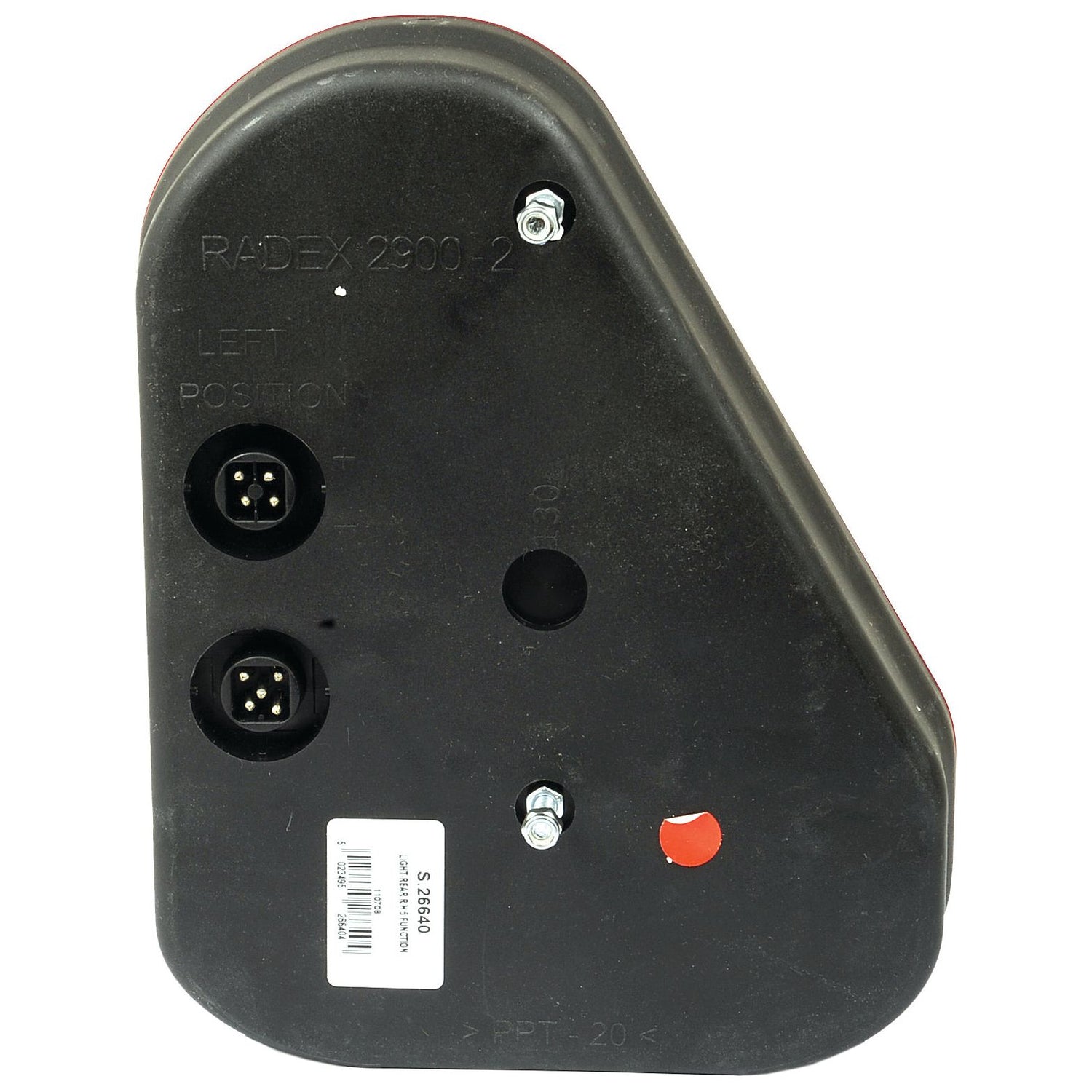 Close-up of a black plastic electrical component with two round sockets and two hex bolts. The text "S.26640" and "LEFT POSITION" is visible on the surface. A white sticker is also present, highlighting the quick connector feature for easy installation. This component is identified as the Halogen Rear Combination Light 12V, LH from Sparex.