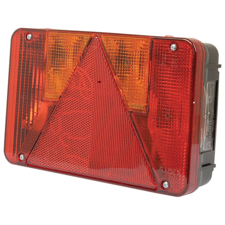 The Sparex Rear Combination Light (Halogen), Part No. S.26643, is a 12V light featuring a triangular warning section in the center and equipped with halogen bulbs. It has red and amber lenses housed in a dark gray casing, providing brake, tail, indicator, fog light functionality, number plate illumination, and reflector capabilities for the left-hand side.