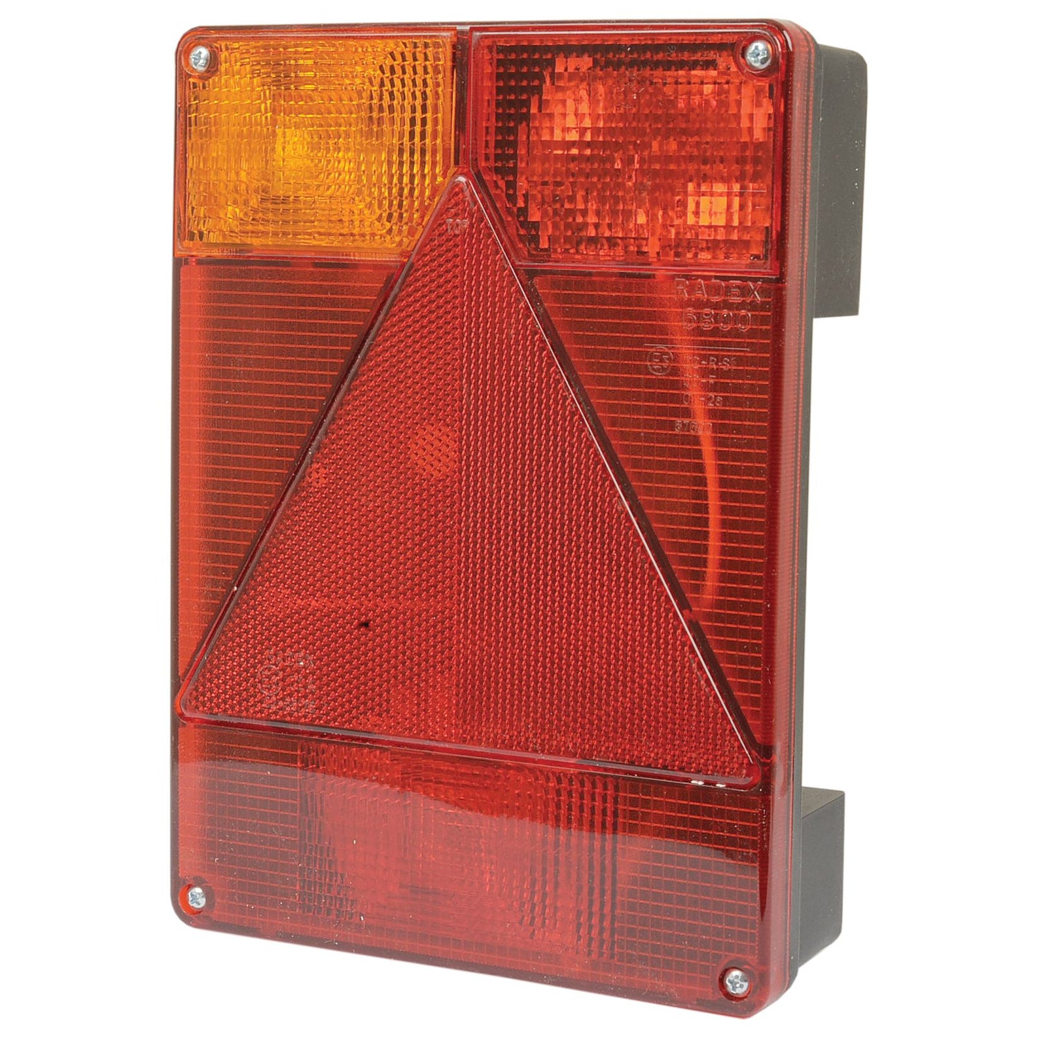A close-up of the Sparex Halogen Rear Combination Light 12V, LH - S.26659 showcasing its red, yellow, and orange sections with various reflectors and lights, featuring halogen bulbs for enhanced brightness.