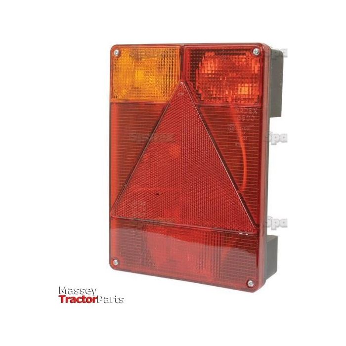 Rectangular red, amber, and transparent Halogen Rear Combination Light 12V, LH - S.26659 with the "Massey Tractor Parts" logo in the front bottom corner by Sparex, featuring stud connections for easy installation.