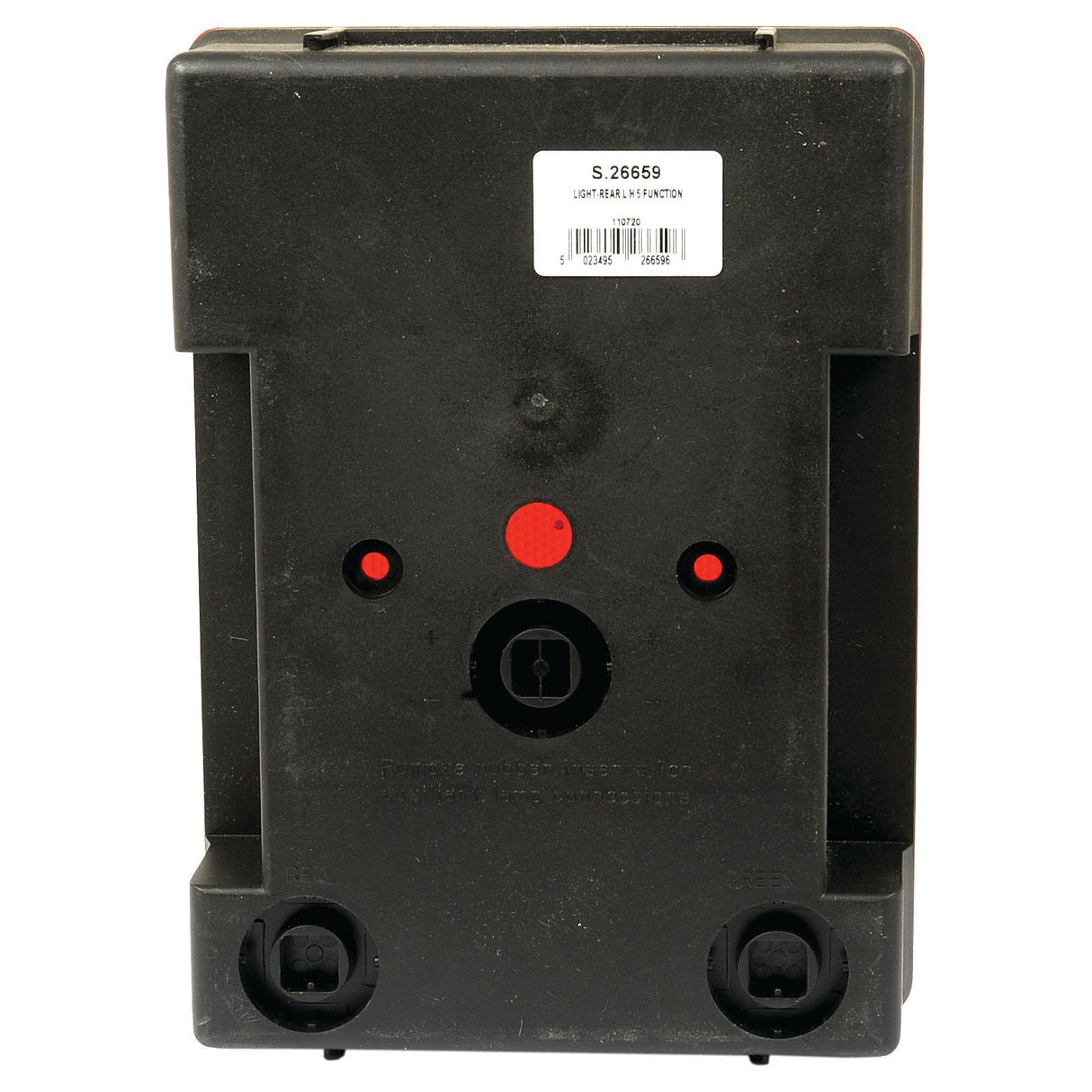 The Halogen Rear Combination Light 12V, LH - S.26659 by Sparex is a rectangular black electrical component featuring a label at the top, several circular and rectangular cutouts, two stud connections, and black knobs at the bottom.