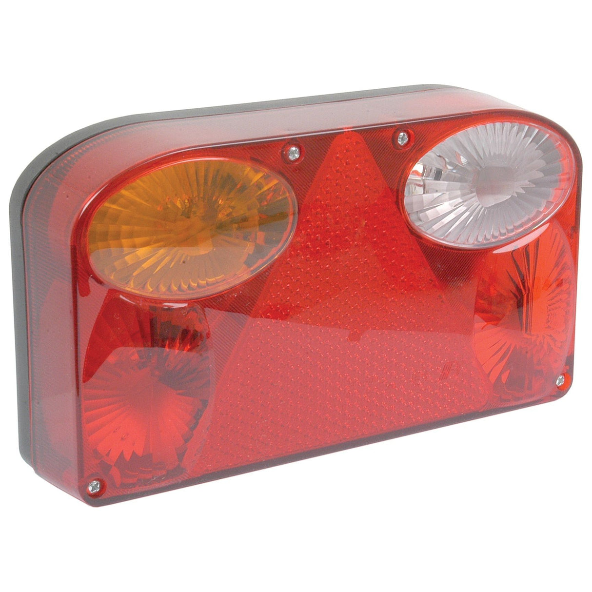 Introducing the Halogen Rear Combination Light 12V, LH UK - S.24626 by Sparex: a rectangular trailer tail light featuring red, amber, and clear segments with reflective surfaces. Crafted from reinforced polycarbonate for enhanced durability, this is the ideal lighting solution for Sparex enthusiasts seeking reliable performance.