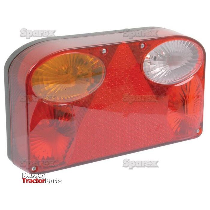 The Halogen Rear Combination Light 12V, LH UK - S.24626 by Sparex is a rectangular tail light assembly unit featuring red and amber sections with a white portion, visible reflective surfaces inside, and integrated halogen bulbs. Crafted from reinforced polycarbonate for enhanced durability, this unit is associated with prominent brands such as Massey and Sparex.