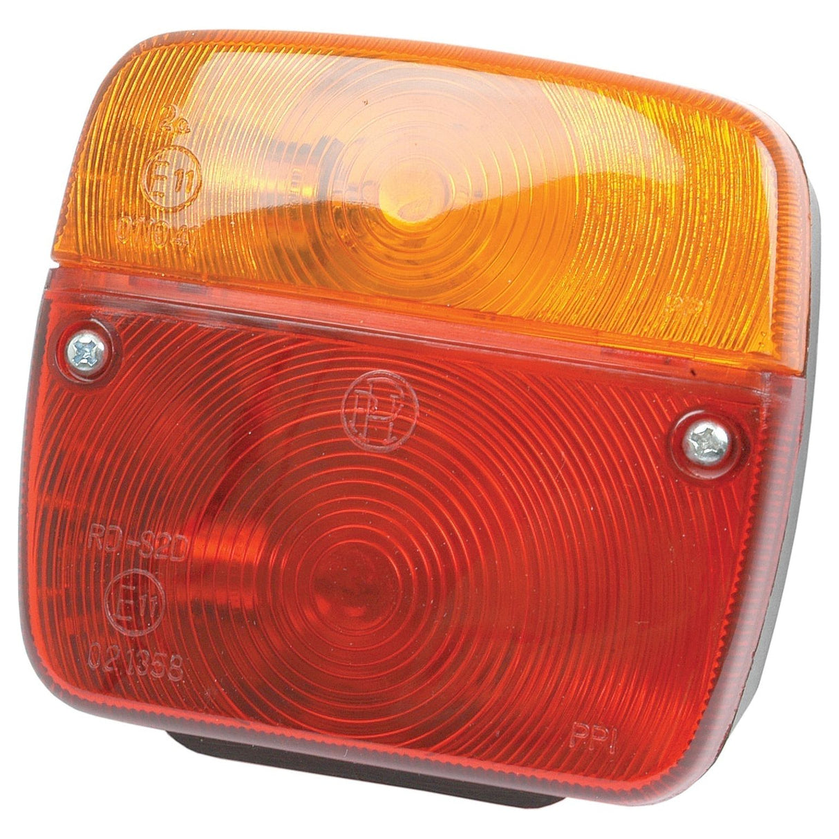 A close-up image of the Halogen Rear Combination Light 12V, RH & LH - S.12063 by Sparex, featuring a rectangular tail light with an amber lens on top and a red lens on the bottom, secured by two screws. The IP65-rated design ensures durability, making it perfect for various conditions.