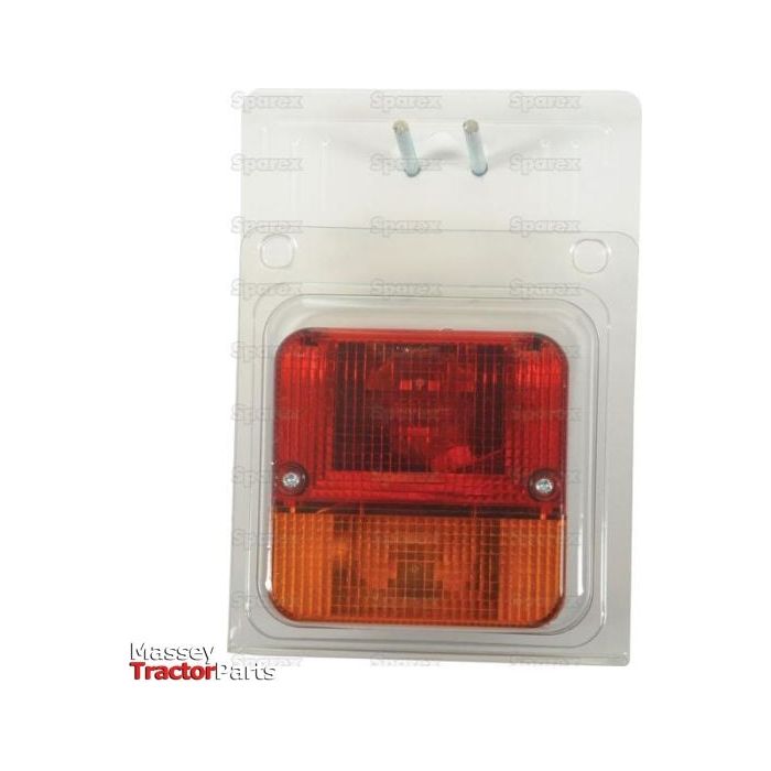 A Halogen Rear Combination Light 12V, RH & LH - S.19331 with red and amber sections, sealed in clear plastic packaging. The packaging features the Sparex logo, two mounting screws, and an SAE Approved halogen light for enhanced visibility.