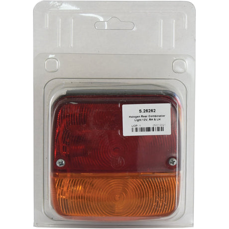 A packaged Halogen Rear Combination Light 12V, RH & LH - S.26262 from Sparex with red and amber lenses is displayed in a clear plastic case. A label with product information is visible on the front. The IP65-rated light ensures durability and reliability.