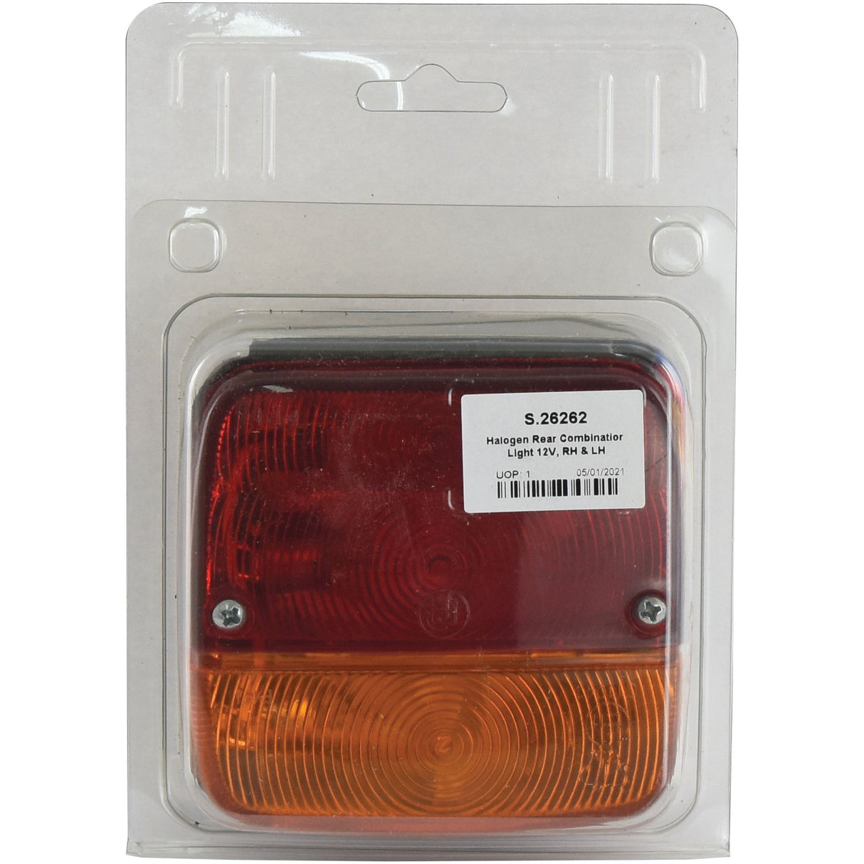 Packaged Sparex halogen rear combination light with red and amber sections. Label reads "S.26262," "Halogen Rear Combination Light 12V, RH & LH," and indicates an IP65 rating for added durability.