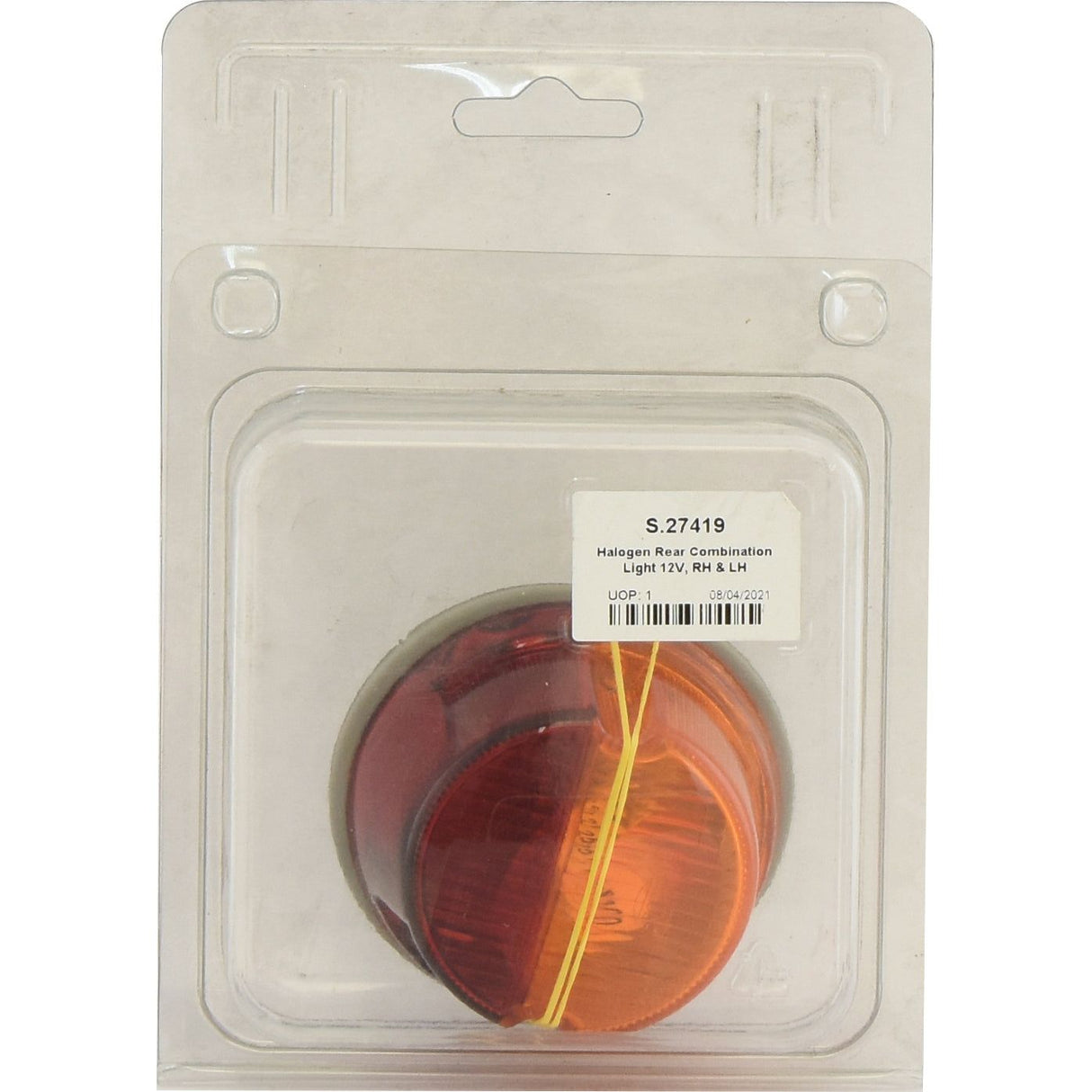 A bolt-on packaged Sparex rear combination light (halogen), featuring red and amber lenses, labeled "S.27419." The light is secured within a clear polycarbonate enclosure.