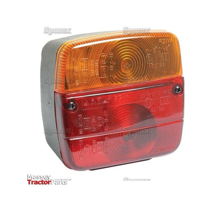 The Rear Combination Light, (Halogen) by Sparex, featuring a rectangular design with an amber upper section and a red lower section, combines brake, tail, and indicator functions. The durable polycarbonate lens ensures added resilience. The image includes "Massey Tractor Parts" text on the bottom left. Suitable for both right-hand and left-hand installation, it operates at 12V (S.51748).
