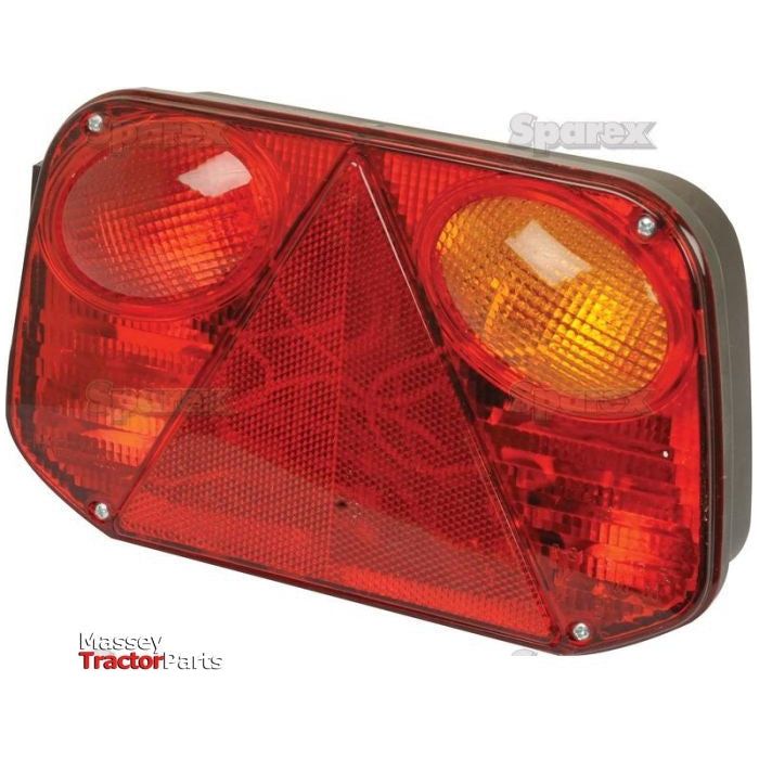 The Halogen Rear Combination Light 12V, RH - S.26636 from Sparex is a red and amber taillight assembly designed for Massey Ferguson tractors. It features a triangular red light lens flanked by amber lenses and includes quick connectors and stud connections for easy installation.