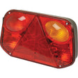 Close-up of a Halogen Rear Combination Light 12V, RH - S.26636 by Sparex, featuring red rectangular lights, a red triangular reflector in the center, and amber circular turn signals on the sides, enhanced with quick connectors for easy installation.
