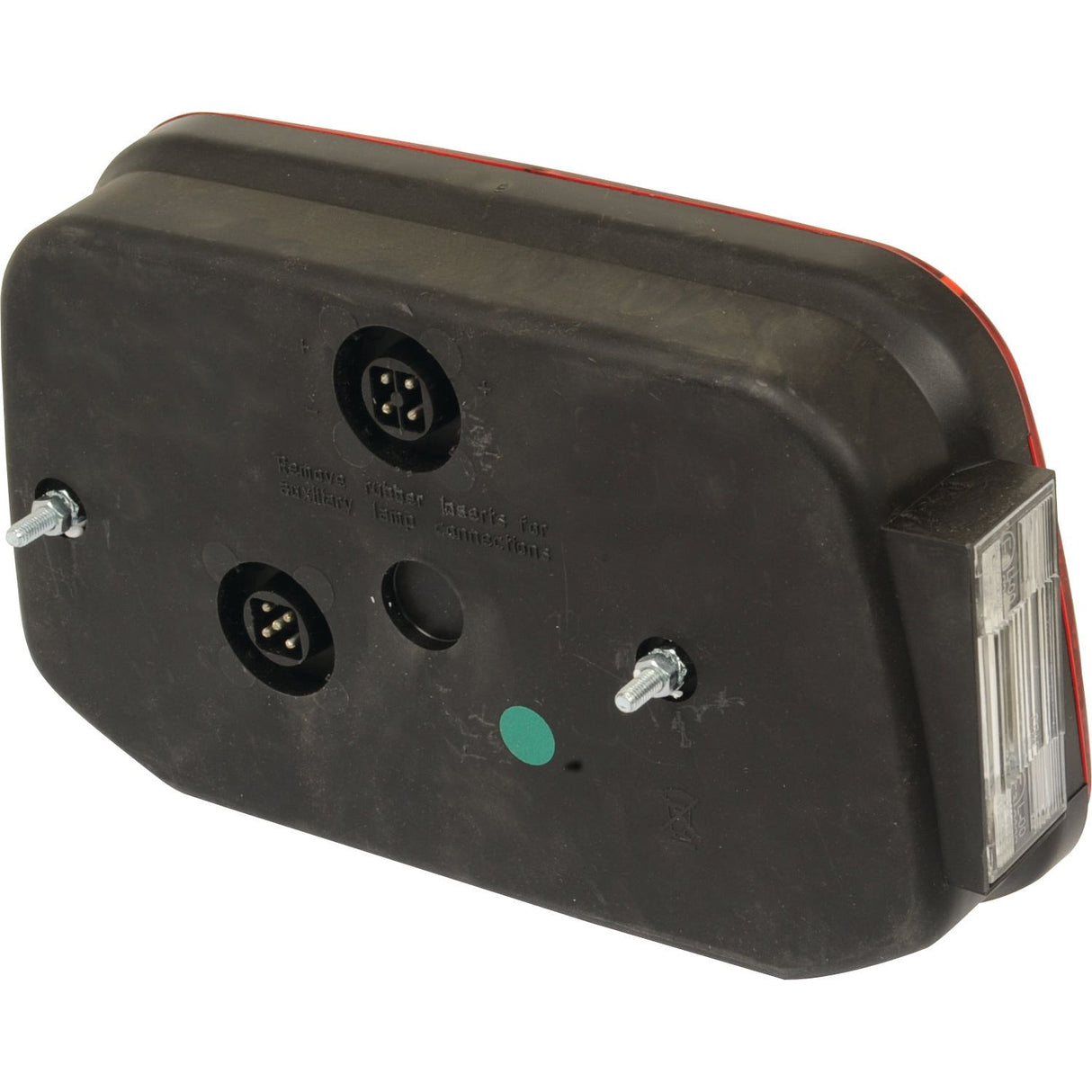 The Halogen Rear Combination Light 12V, RH - S.26636 by Sparex is a rectangular black plastic component with three sockets, two bolts, and a transparent side section for visibility. This quick connector is likely designed for electrical or automotive applications.