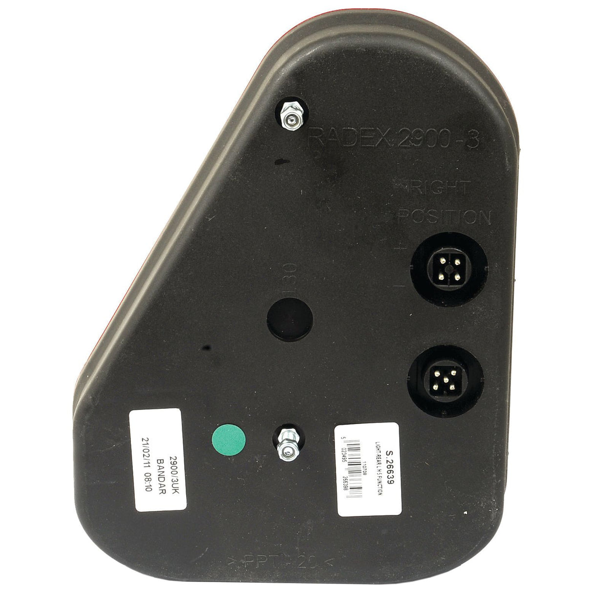 Rear view of a black Sparex Halogen Rear Combination Light 12V, RH - S.26639 showing two electrical connectors, stud connections, mounting screws, and two white label stickers.