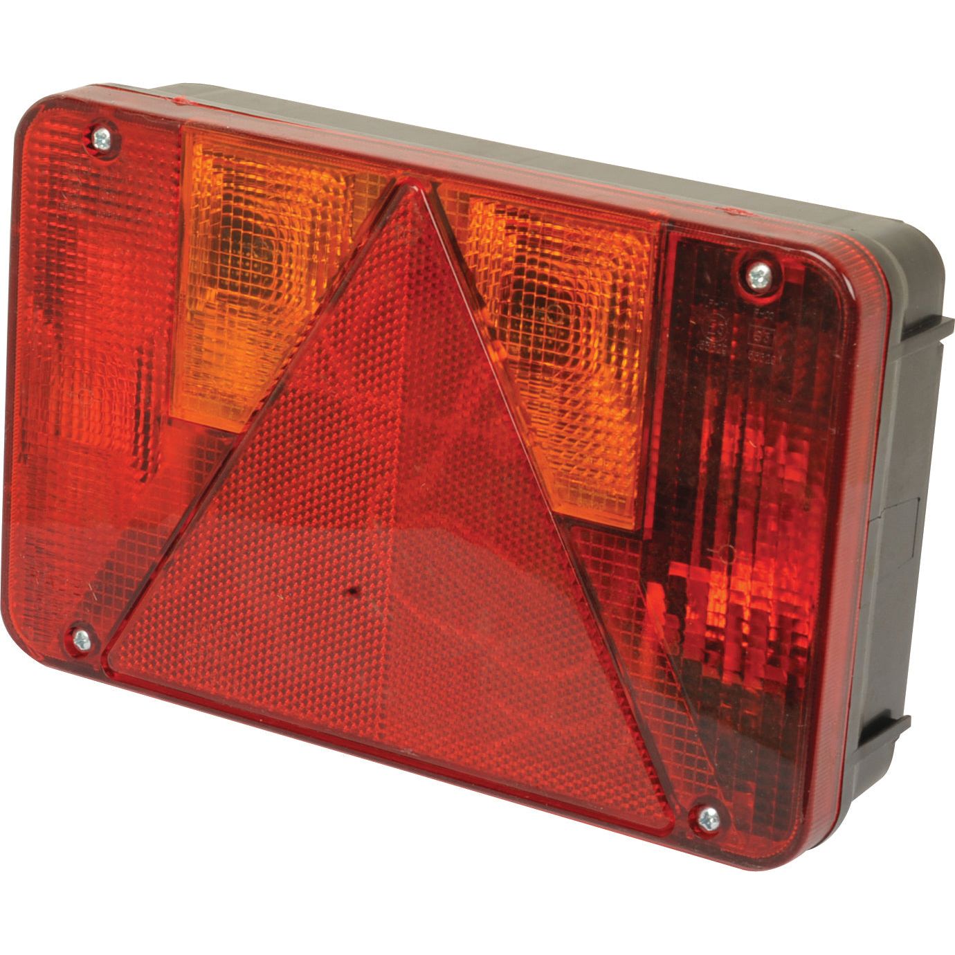 The Halogen Rear Combination Light 12V, RH - S.26644 by Sparex features a rectangular design with a red reflective triangle at the center, amber indicators on top, additional red lights on the sides, and comes with a quick connector for easy installation.
