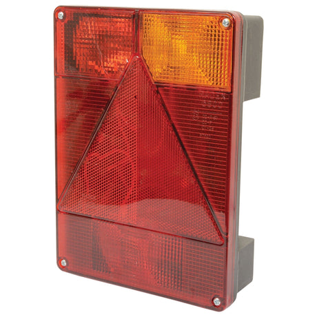 The Halogen Rear Combination Light 12V, RH - S.26650 from Sparex is a rectangular vehicle tail light with red and amber lenses, featuring a reflective red triangle in the center and quick connector stud connections for easy installation.