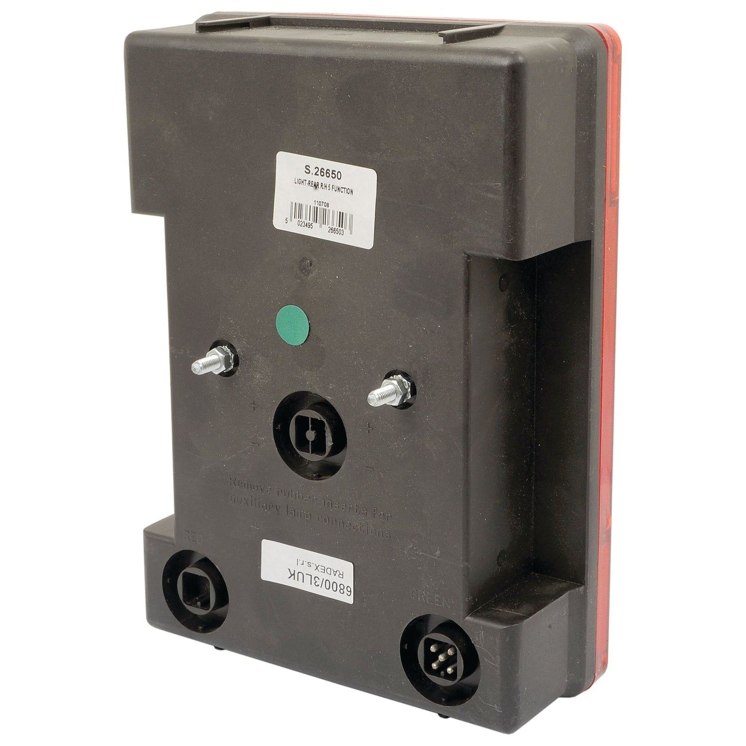 A black rectangular electronic component labeled "Halogen Rear Combination Light 12V, RH - S.26650" from the brand Sparex features multiple stud connections and a central port on one side.