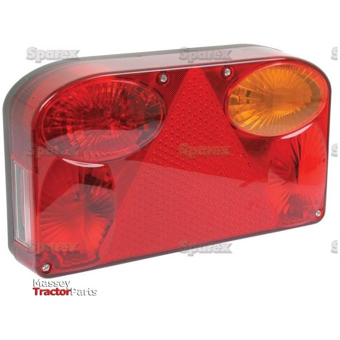 The "Halogen Rear Combination Light 12V, RH UK - S.24627" by Sparex is a red and amber tractor tail light assembly featuring a triangular reflective section at the center, made from reinforced polycarbonate for added durability. The product image includes the Massey Tractor Parts logo and watermark.
